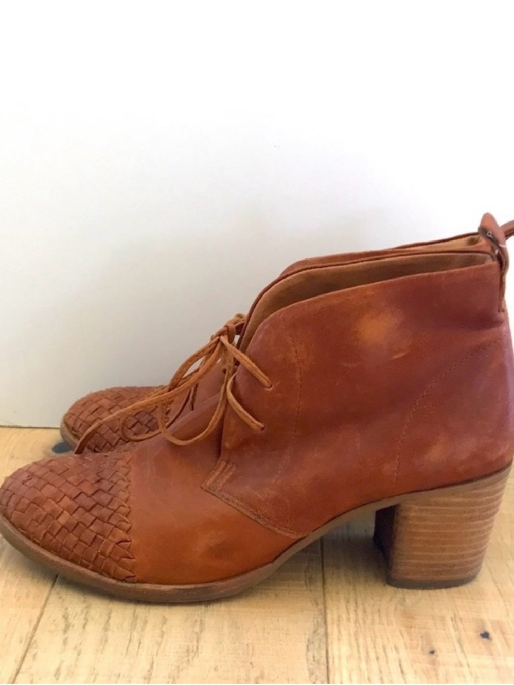 Anthropologie Woven Leather Ankle Bootie in Cognac